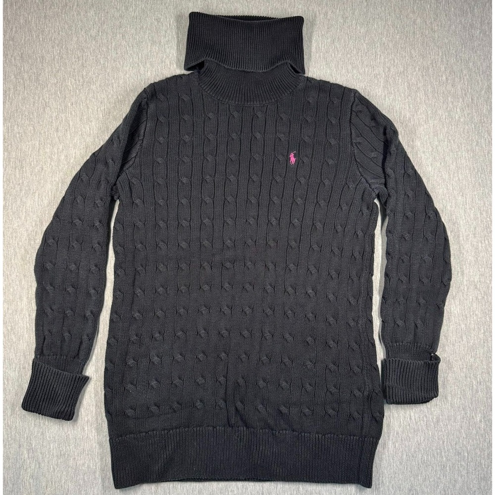Ralph Lauren Sport‎ Black Cable Knit Turtleneck Sweater Pink Pony Size L